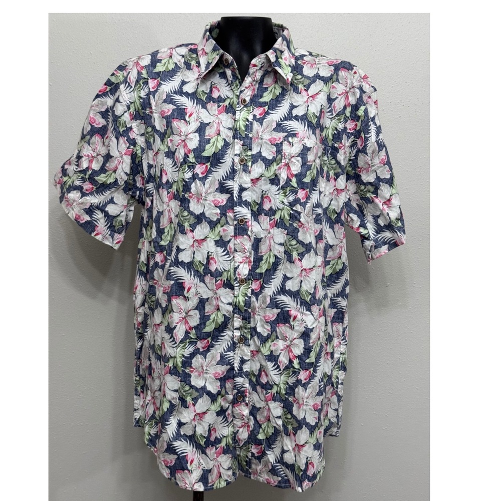 Coastal Mens Floral Hawaiian Shirt Sz XL Blue Cotton Tropical Button Up Vacation